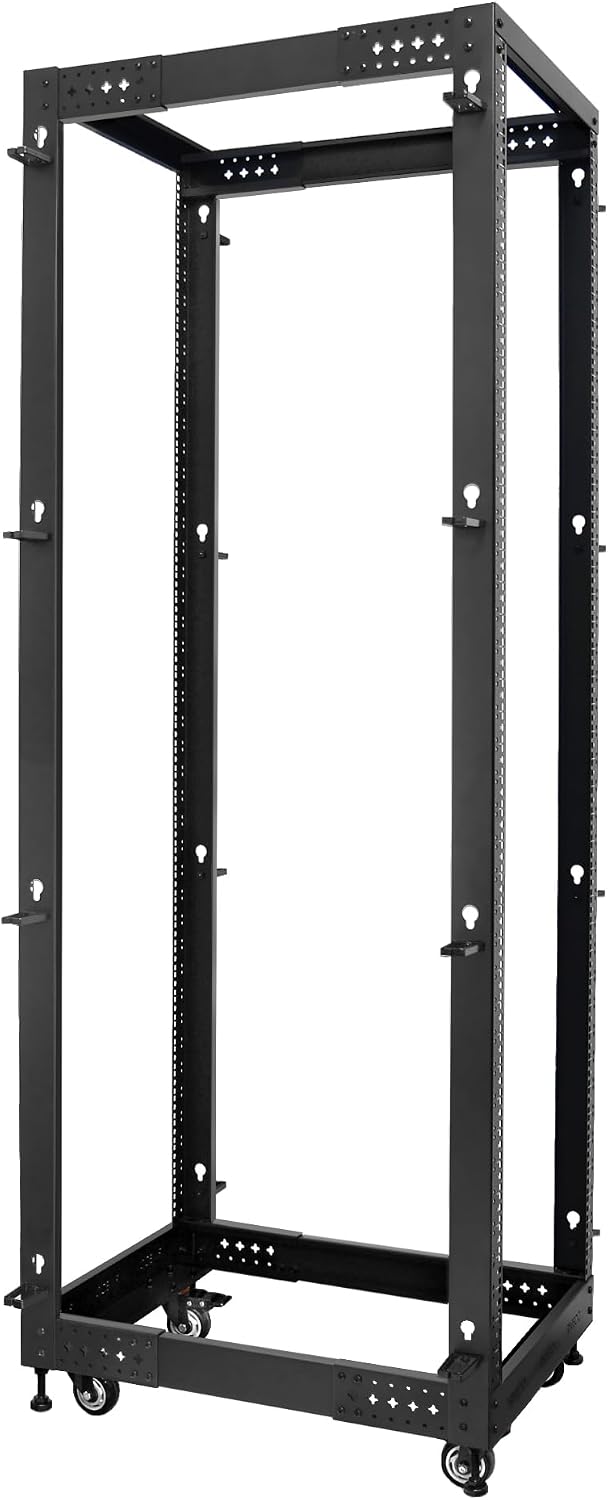 RIVECO 19' Adjustable Depth 42U Server Rack 4 Post Rack with Load-Bearing Casters Support Up to 1700LBS for Networking Equipment Black