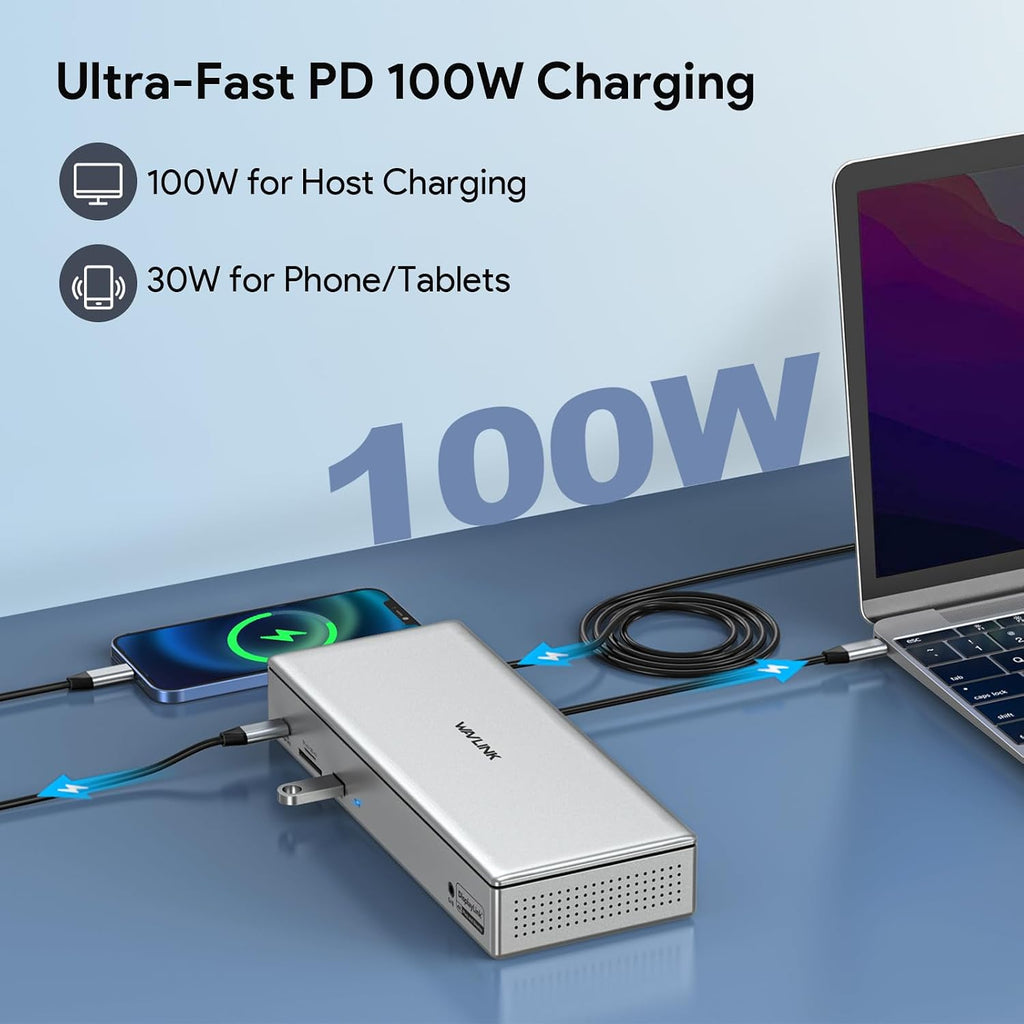 WAVLINK DisplayLink Laptop Docking Station - Quad Monitor 5K/4K @60Hz, 100W Charging - Thunderbolt 5/4, USB-C/A - M1-M5 Mac/Macbook Neo/Windows/Chrome- 4 HDMI, 4 DP, 180W Power, SD 4.0 CR, 2.5Gbps LAN