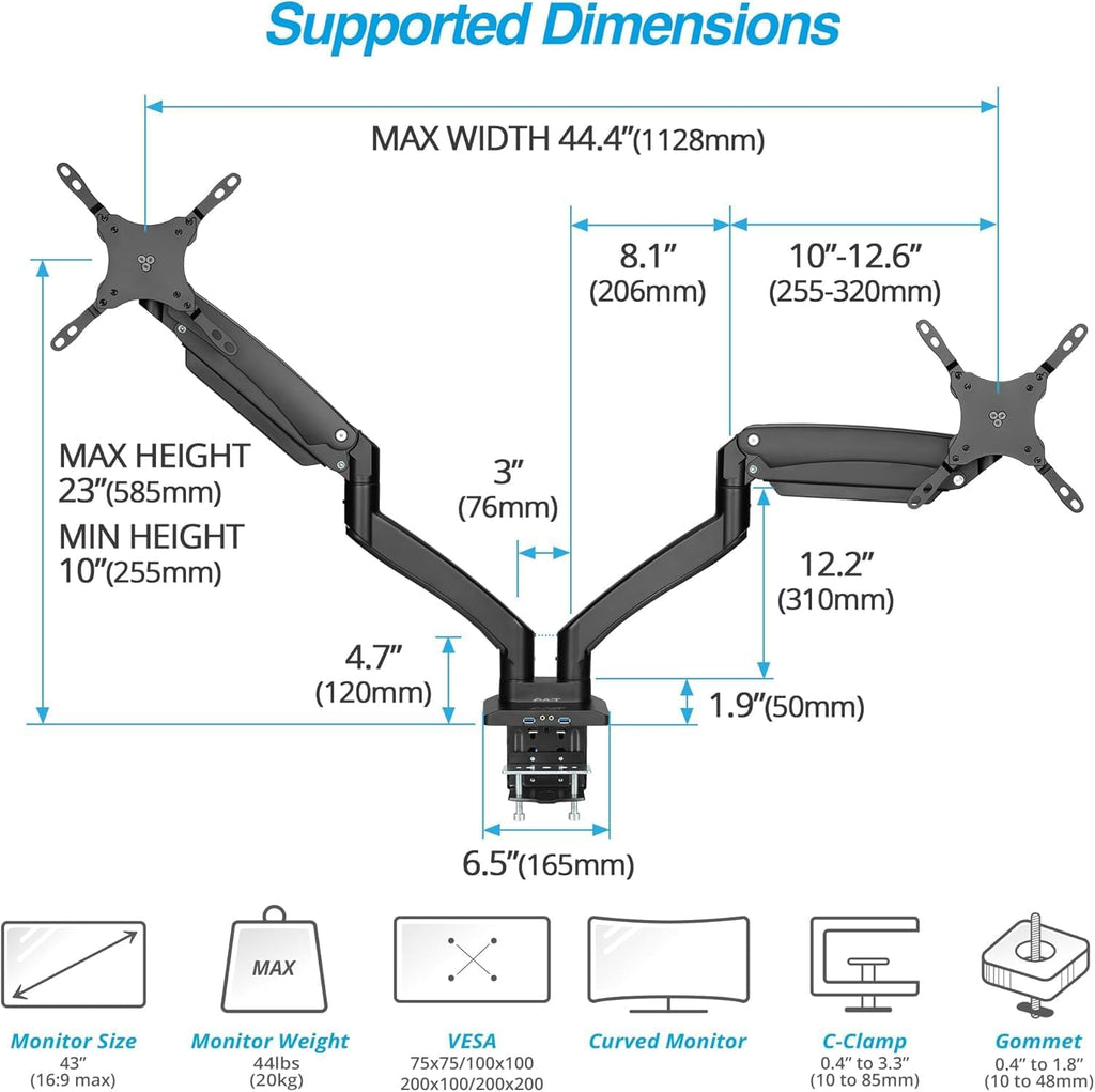 AVLT Dual Monitor Arm Desk Mount for 13'–43' Flat/Curved Screens with USB-A Pass-Through, Full Motion Height Adjustable Swivel Tilt Rotation VESA/C-Clamp/Grommet/Cable Management, Black