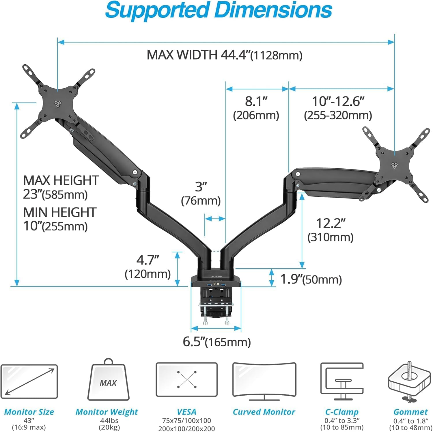 AVLT Dual Monitor Arm Desk Mount for 13'–43' Flat/Curved Screens with USB-A Pass-Through, Full Motion Height Adjustable Swivel Tilt Rotation VESA/C-Clamp/Grommet/Cable Management, Black