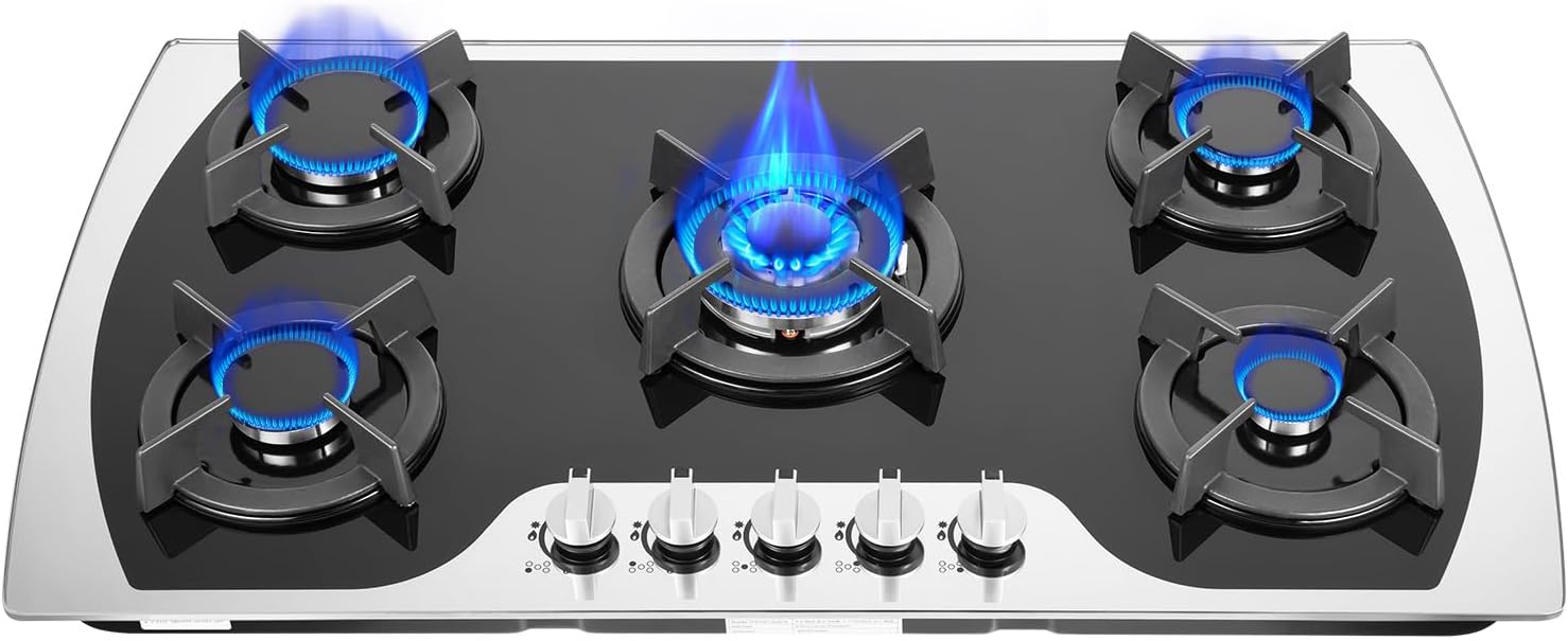 Gas Cooktop, 35''Tempered Glass Stovetop Cooker Built-In Gas Hob with 5 Burners NG/LPG Convertible Gas Cooktops for Kitchen, Home, Apartments, RVs (Style 2)