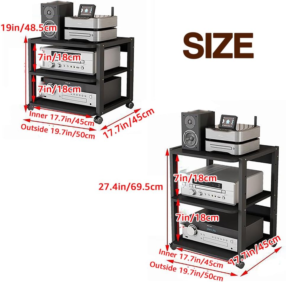 AV Media Stand 3-Tier Movable Record Player DVD CD Audio Rack Tower Holder, Adjustable Media Storage Cabinet, Equipment Console Shelf for Home Office Theater,Black,H27.4in/69.5cm