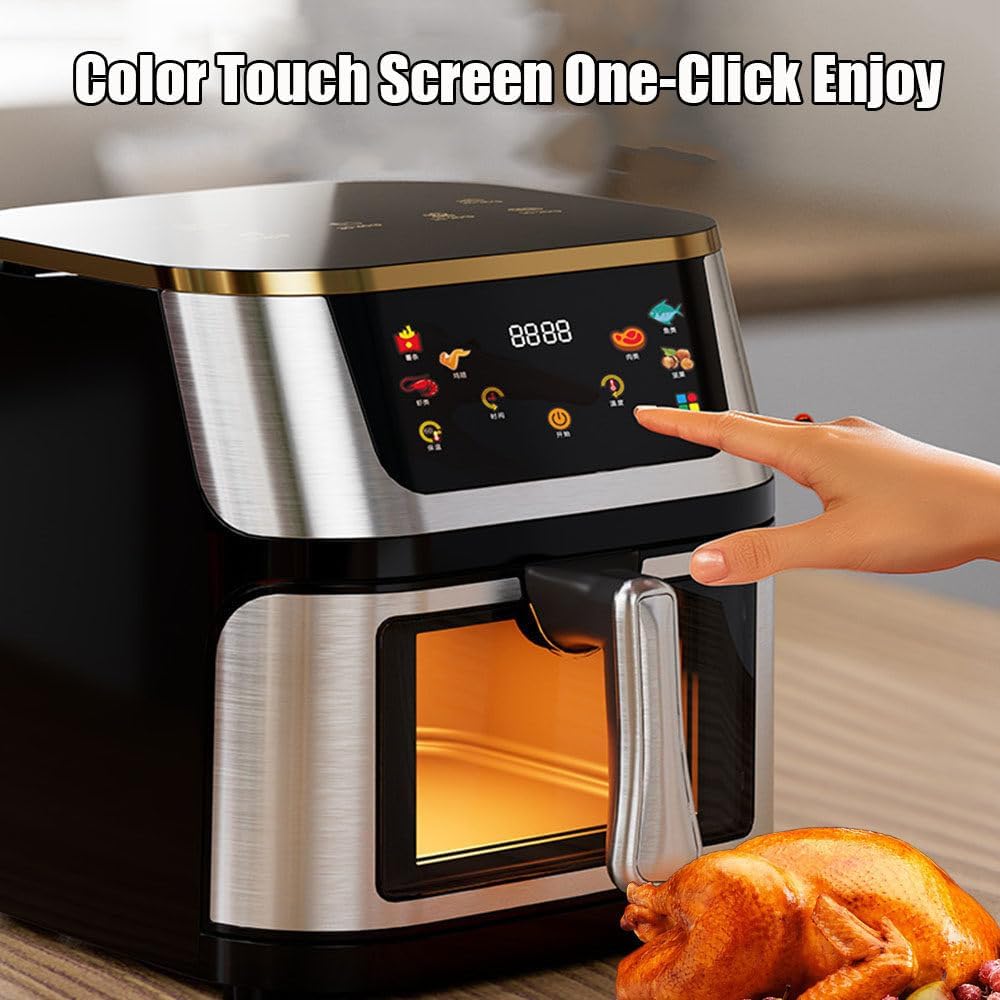 10lL Stainless Steel Visual Air Fryer, 1400w Smart Oven With Digital Touch Screen Oil-Free Fryer, 8 Cooking Presets Timing And Temperature Adjustable Easy To Clean For Family And Party