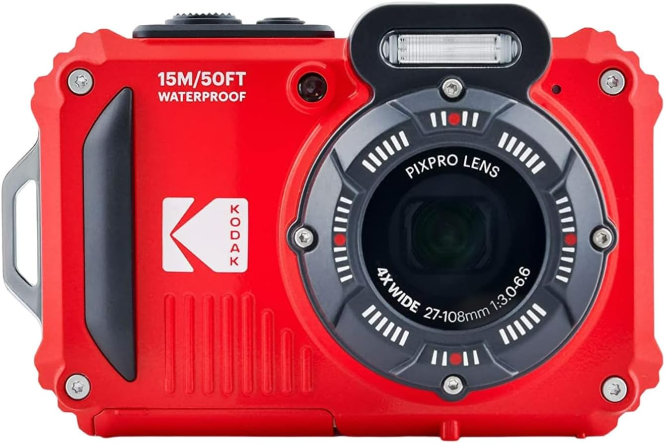Kodak PIXPRO WPZ2 Rugged Waterproof 16MP Digital Camera with 4X Optical Zoom (Red) with Gadget Bag and Accessory Kit, 32GB UHS-I microSDHC, and Floating Strap Bundle (4 Items)