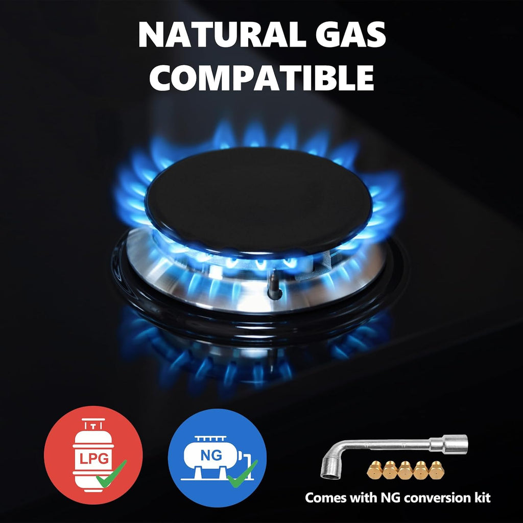 30in Countertop Gas Cooktop - 5 Burner Tempered Glass Stove Top, NG/LPG Convertible, Default for Propane Gas for RVs