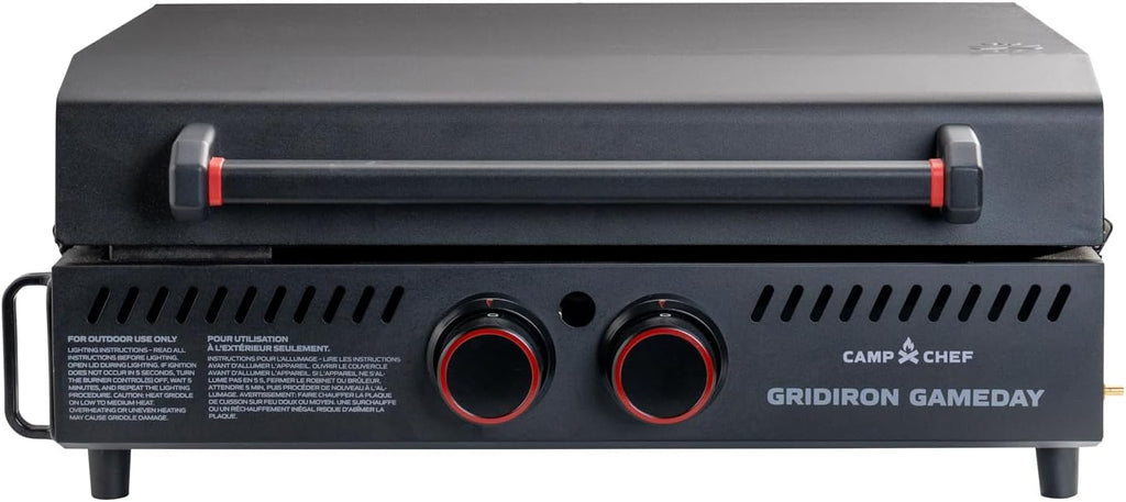 Gridiron Gameday 24' Portable Propane Grill – Flat Top Tabletop Griddle with Hinged Lid, 24,000 BTUs, Flamethrower Ignition, Dual Heat Zones, Adjustable Legs for Tailgating, Camping & Outdoor Cooking