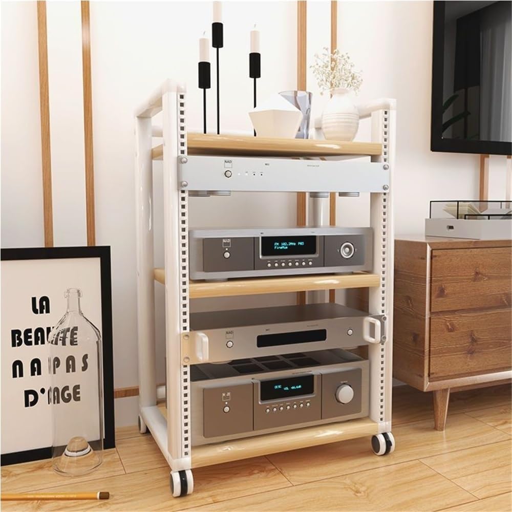 12U/16U/20U Open Frame Server Rack, Multi-Layer Audio Rack with Adjustable Shelves and Wheels, 4 Post AV Rack for Blu-Ray, DVD, Game Consoles, Amplifiers, AV Equipment(Medium)