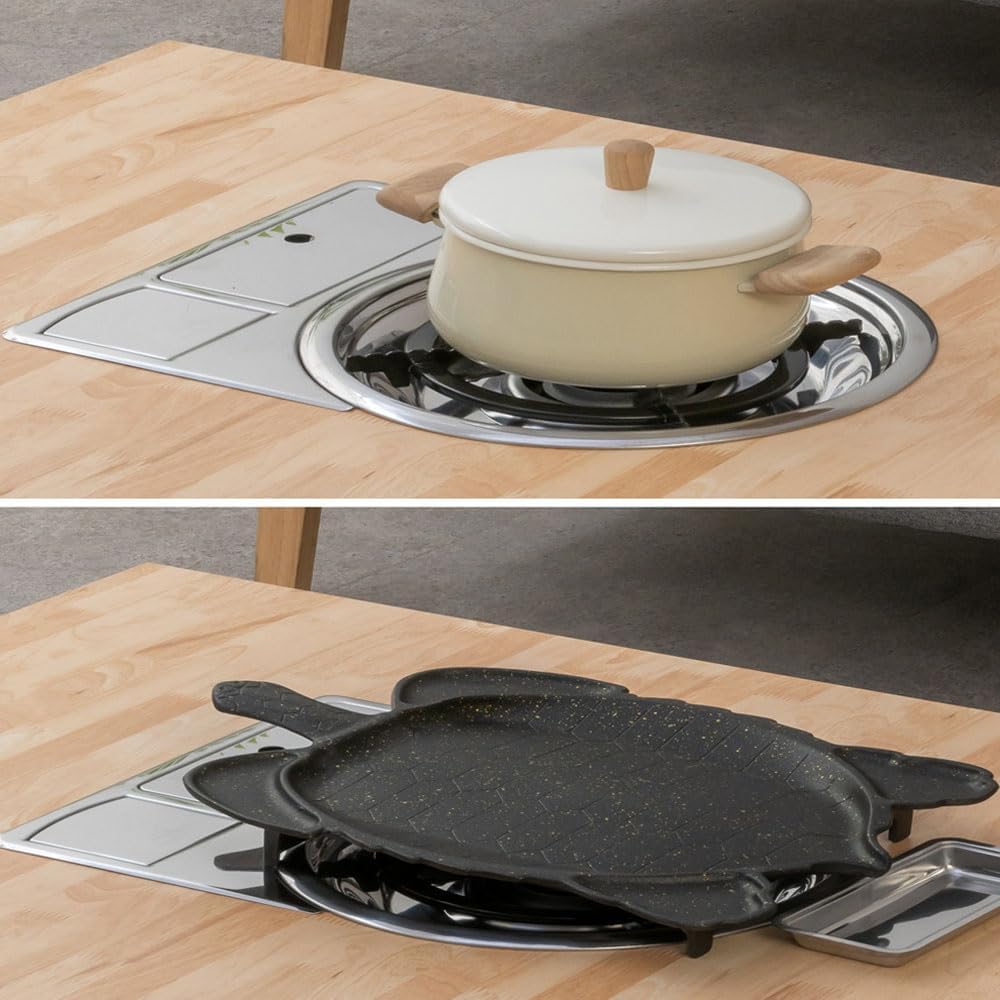 Korean BBQ Grill Table with Built-in Gas Burner, Folding Indoor Outdoor Dining Table, Marble Top for Camping & Kitchen, Made in Korea - Merbau Round