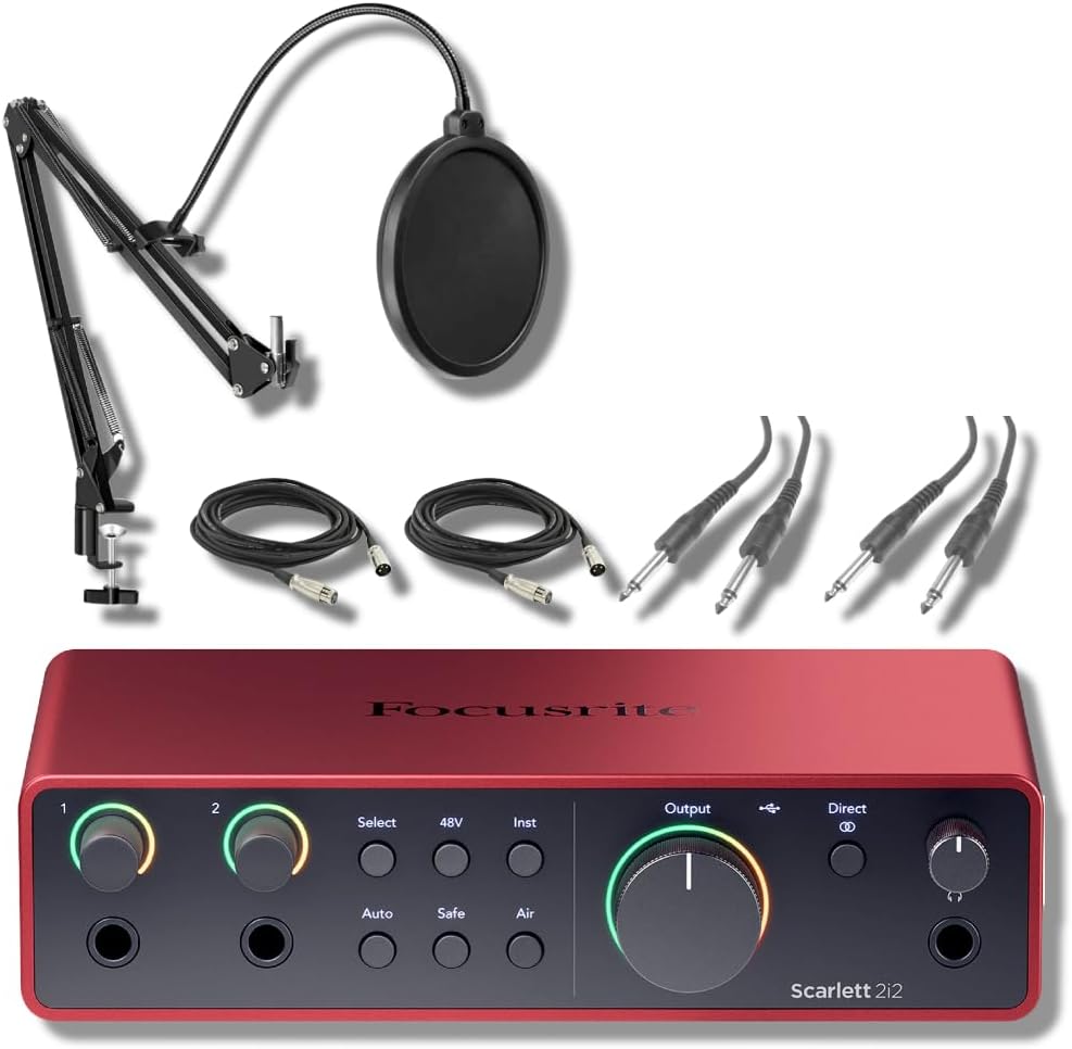 Focusrite Scarlett 2i2 4G Studio Recording Bundle with StreamEye BOOMARM1 Microphone Boom Arm, Pop Filter, 2x XLR Cables and Instrument Cables