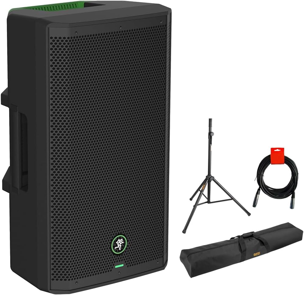 Mackie Thrash212 GO 12' 300W Powered PA Loudspeaker System with Auray 51' Speaker Stand Bag, Auray Steel Speaker Stand with Tripod Base and 20-Inch XLR-XLR Audio Cable