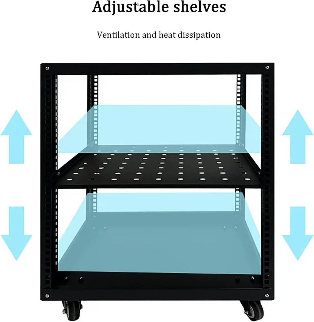 Adjustable Steel Audio Rack with Wheels, Movable Media Stand & Storage Cabinet, Black Entertainment Center, Height-Adjustable Shelves for AV & Video Equipment (50x45x59.4cm)