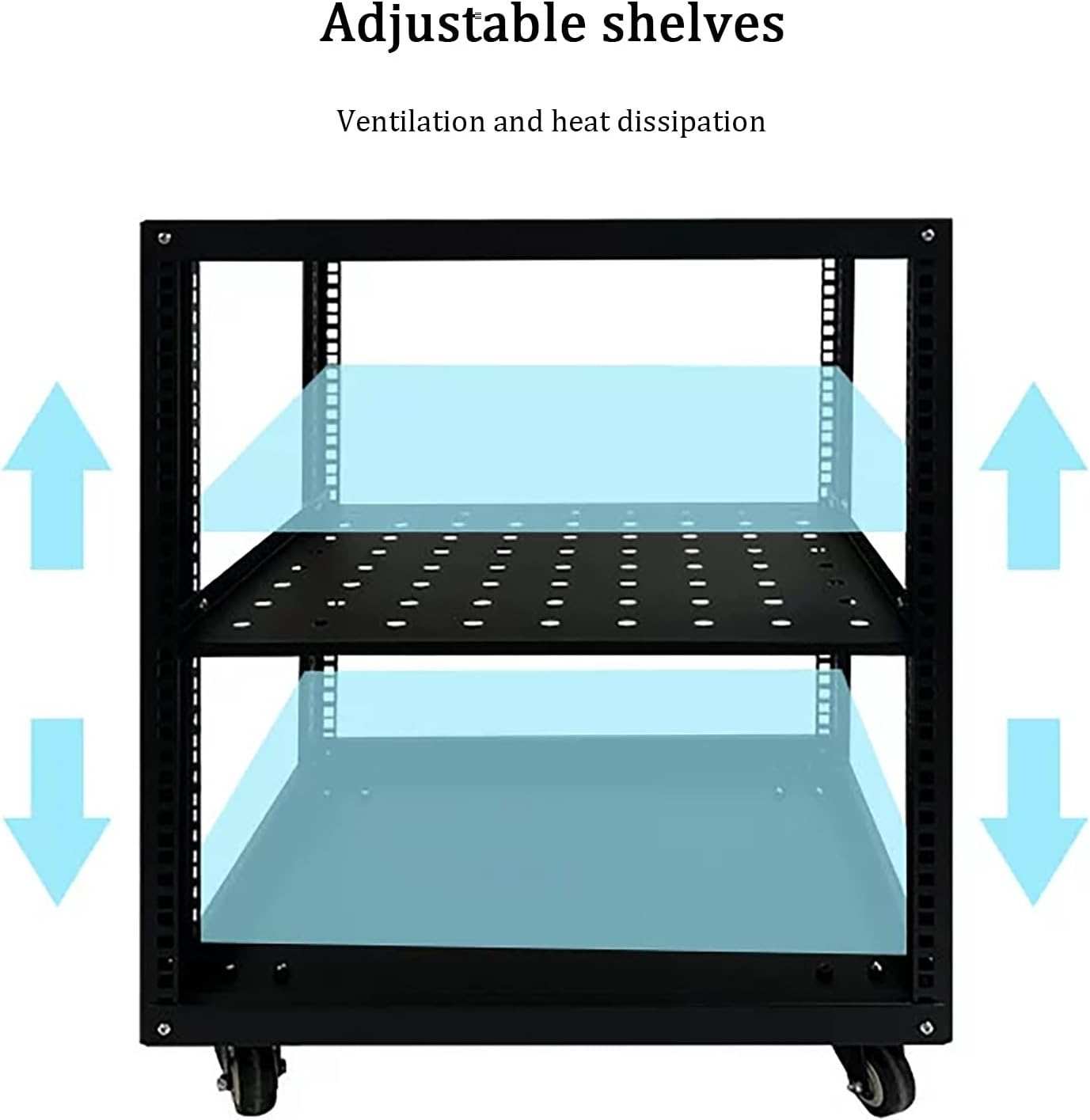 Adjustable Steel Audio Rack with Wheels, Movable Media Stand & Storage Cabinet, Black Entertainment Center, Height-Adjustable Shelves for AV & Video Equipment (50x45x59.4cm)