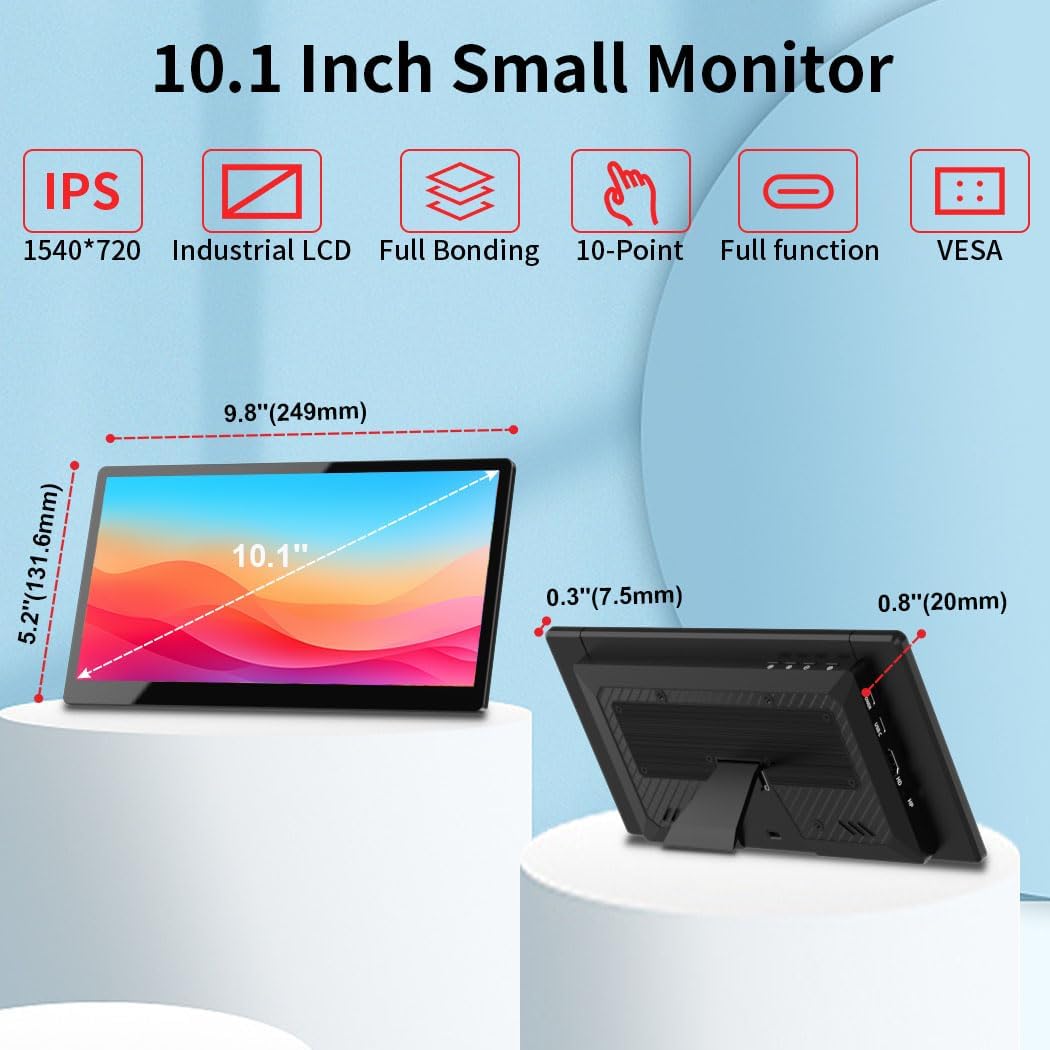 10.1 Inch Touchscreen Mini Monitor, IPS 1540×720 USB-C HDMI Portable Secondary Display with Stand & Speaker, Stretched Bar Screen for PC Laptop Rasp PI AIDA64 STEM DIY