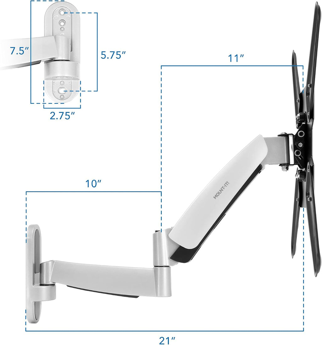 Mount-It! Full Motion Gas Spring TV Wall Mount for 25–55 Inch LED LCD OLED Flat Screen TVs | Height Adjustable 13.5' Articulating Arm | VESA 100x100 to 400x400 | 44 lb Capacity | Single Stud | Silver