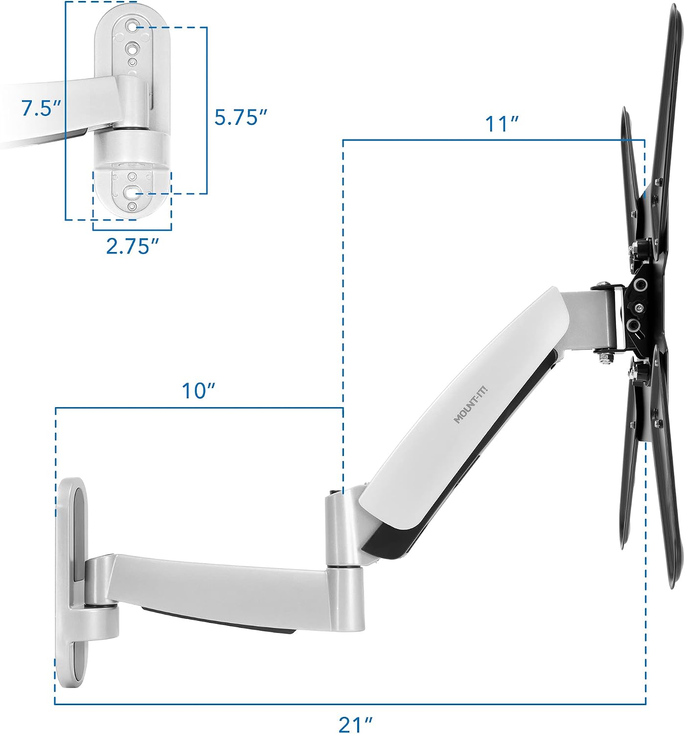Mount-It! Full Motion Gas Spring TV Wall Mount for 25–55 Inch LED LCD OLED Flat Screen TVs | Height Adjustable 13.5' Articulating Arm | VESA 100x100 to 400x400 | 44 lb Capacity | Single Stud | Silver