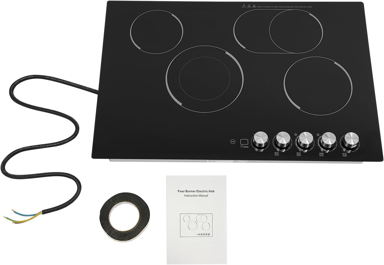 Electric Cooktop, 4 Burner 3700W Built-in Stovetop, Electric Stove Top with Timer, 5 Heating Level, Kid Safety Lock, 110V Hard Wire, No Plug