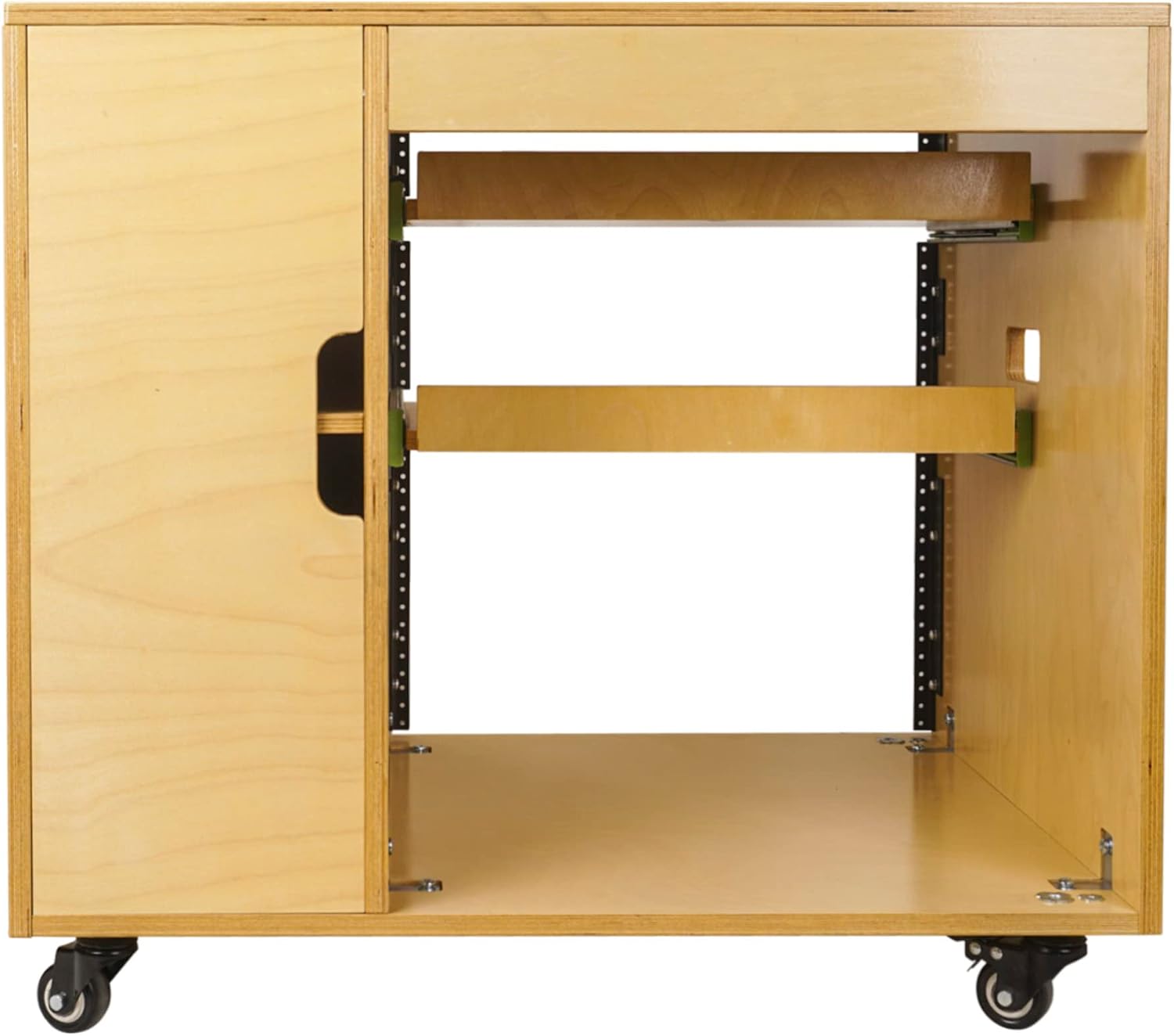 Sound Town DIY 11U Solid Baltic Birch Plywood Plywood Studio Rack with Slide-Out Trays, Cabinet, Casters, Golden Oak, for Recording Room, Home Studio (SDRK-CR11)