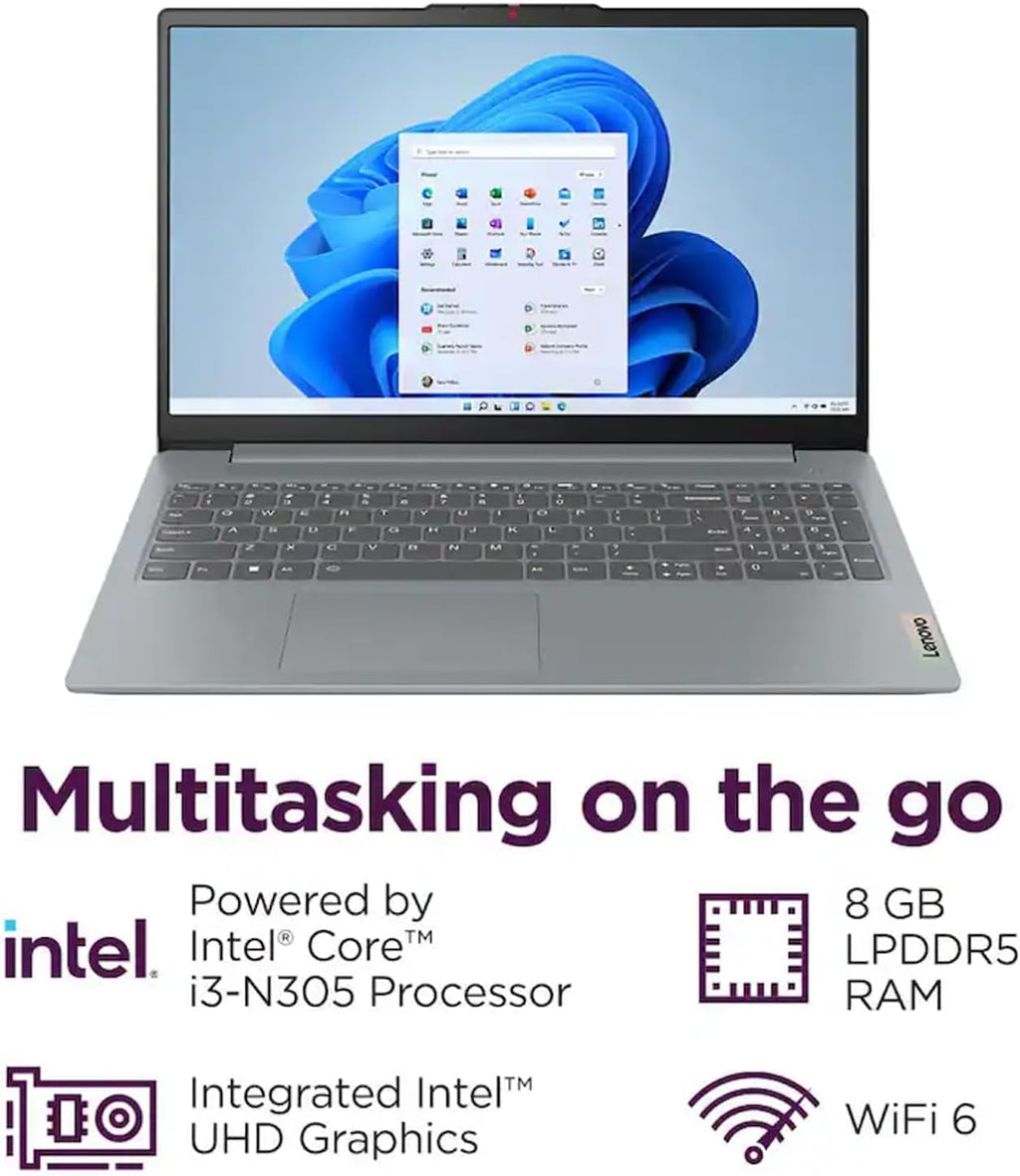 Lenovo IdeaPad Slim 3i 15.6' FHD Laptop, Intel Core i3-N305 (8-Core) CPU, 8GB LPDDR5 RAM, 128GB UFS, Intel UHD Graphics, Wi-Fi 6, SD Card Reader, Windows 11 S, Arctic Grey, EAT Laptop Foldable Stand