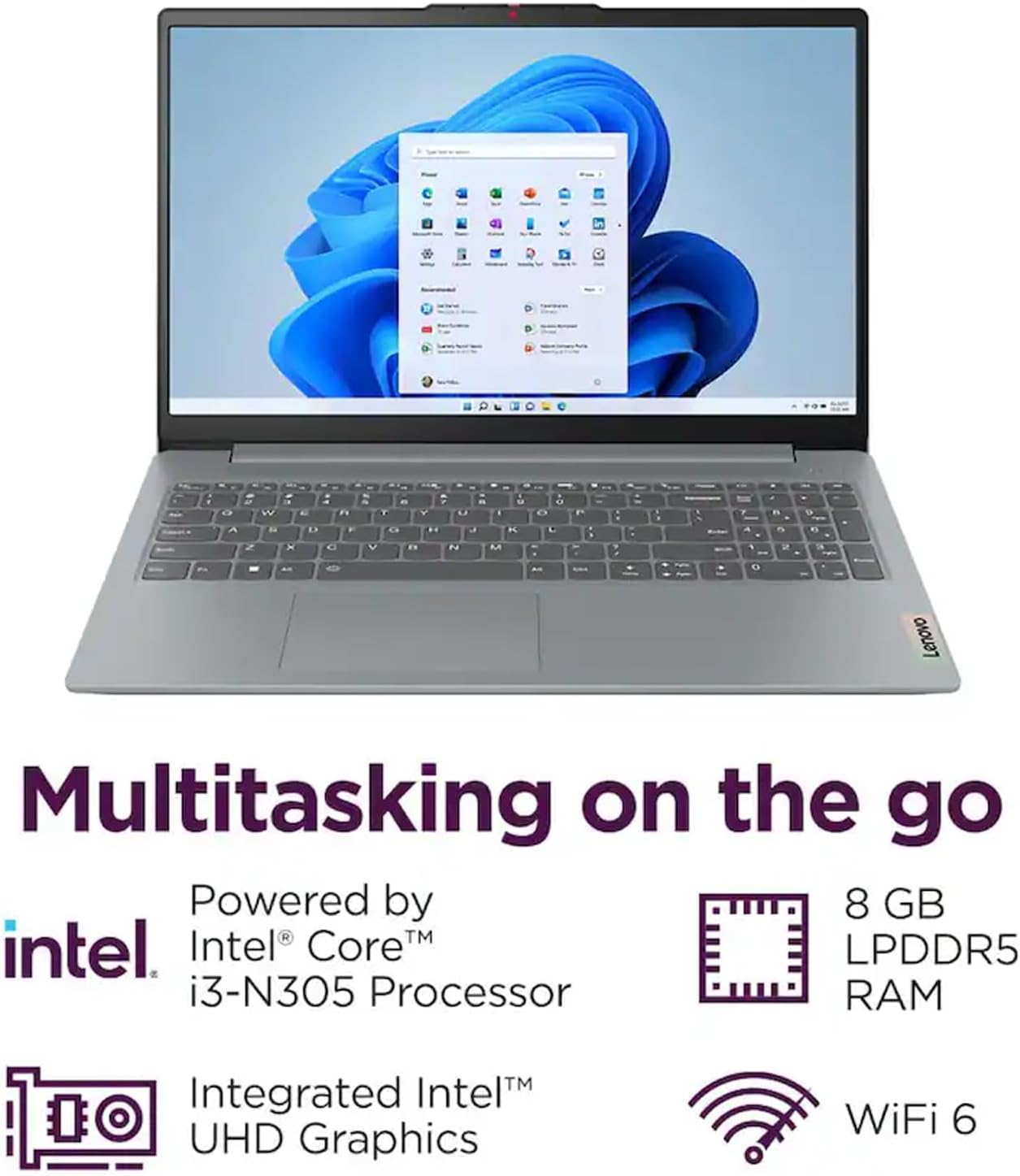 Lenovo IdeaPad Slim 3i 15.6' FHD Laptop, Intel Core i3-N305 (8-Core) CPU, 8GB LPDDR5 RAM, 128GB UFS, Intel UHD Graphics, Wi-Fi 6, SD Card Reader, Windows 11 S, Arctic Grey, EAT Laptop Foldable Stand