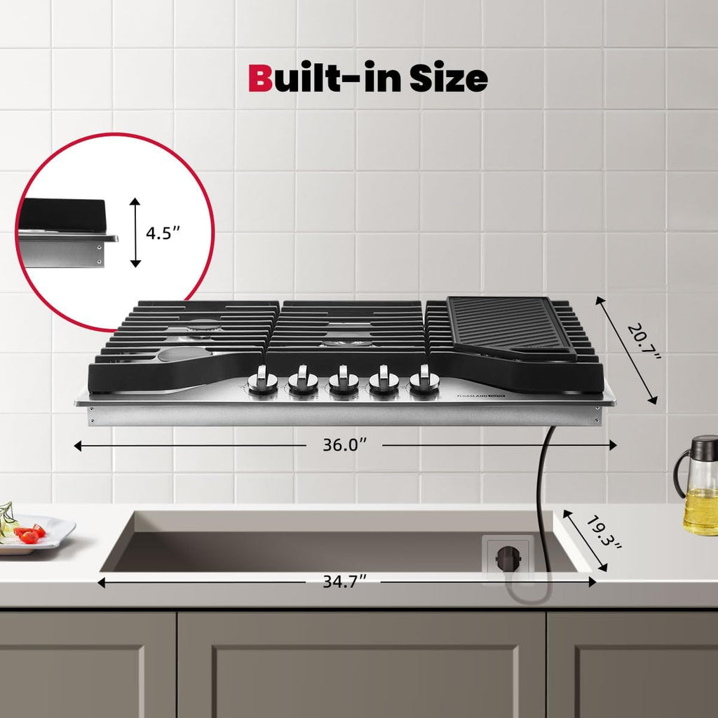 GASLAND Master 36 Inch Heavy Duty Gas Cooktop with Griddle PRO GH3905SS1FC with 5 Burners,CSA certified, 120V Plug-in, NG/LPG Convertible