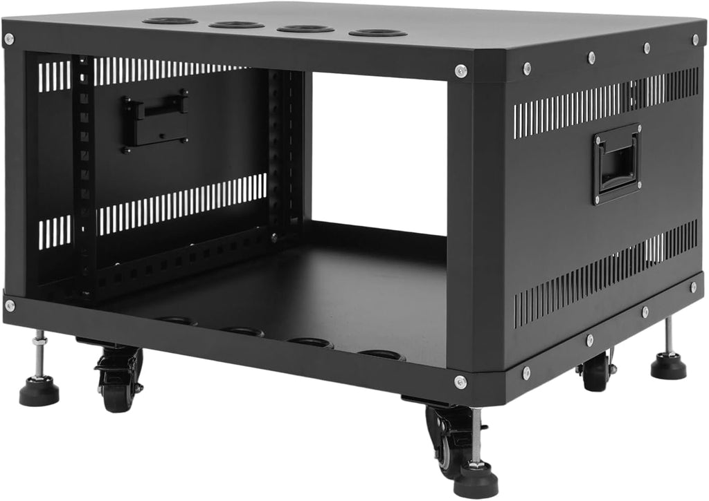 6U Server Rack with Wheels&Leveling Feet, Freestanding Rolling Open Frame IT Network Server Cabinet Rack Shelf for Audio Video Music Recording Computer AV Data & IT Equipment,Black