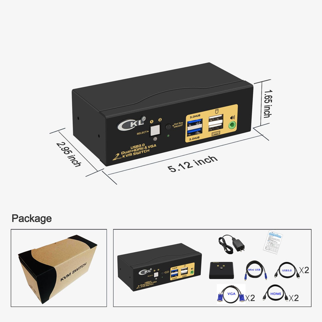 CKL KVM Switch Dual Monitor HDMI 4K@60Hz + VGA (2 Monitors 2 Computers 922HV-3) for Home and Office to Console Desktops/Laptops, Support USB 3.0, Hot Key, Audio, Wireless Keyboard and Mouse
