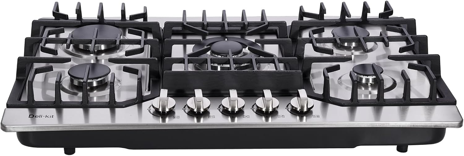 30 Inch Gas Cooktop, Stainless Steel Built-in 5 Burners Stovetop Dual Fuel Gas Hob NG/LPG Convertible Gas Cooktop DK5712