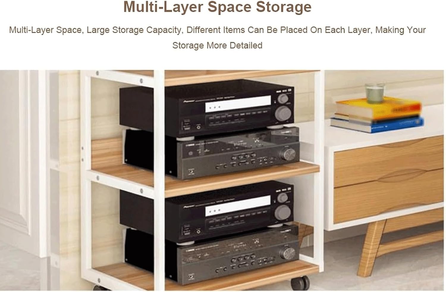 Audio Rack 3/4 Tier Stereo Rack Audio Equipment Rack Audio Stereo Shelf Wooden Open Movable Audio-Video Shelving with Wheels AV Stand(Wei�,100cm)