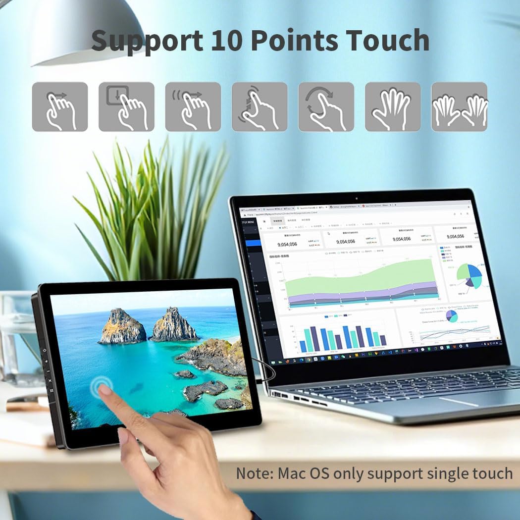 10.1' Touch Screen Monitor, IPS 1280x800 Small USB-C Secondary Display, 10-Point Touch, HDMI, VESA, Dual Speakers, Mini Monitor for Laptop PC Raspberry Pi 3D Printer