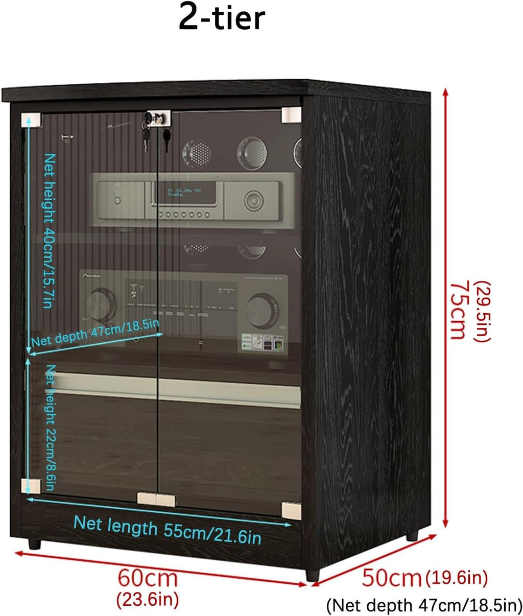 Media Stand with Storage, Audio Rack with Adjustable Shelves, Stereo Cabinet with Glass Doors, Flip Cover AV Cabinet, Wooden Media Storage Cabinet(White,2-Tier)
