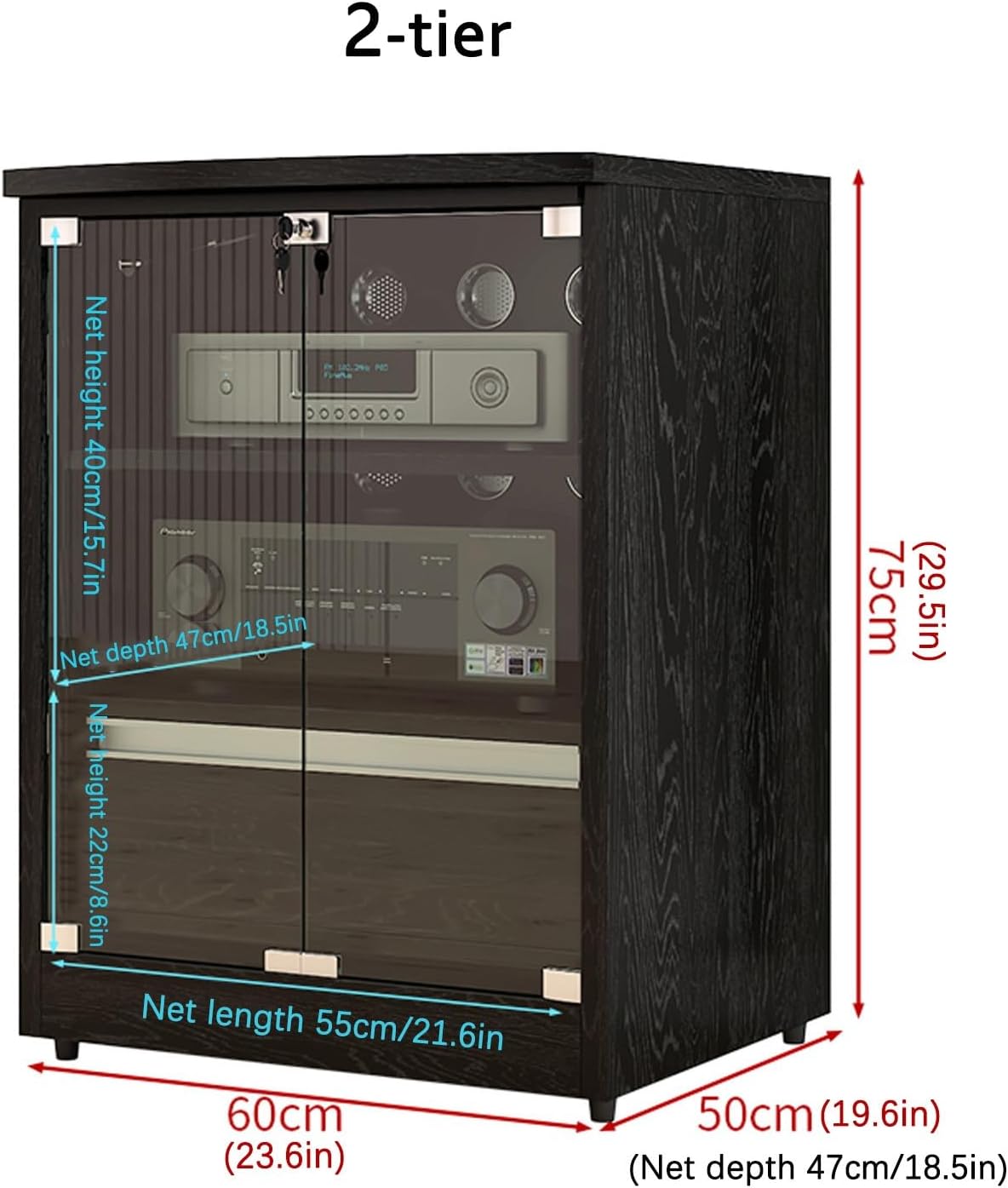 Media Stand with Storage, Audio Rack with Adjustable Shelves, Stereo Cabinet with Glass Doors, Flip Cover AV Cabinet, Wooden Media Storage Cabinet(White,2-Tier)
