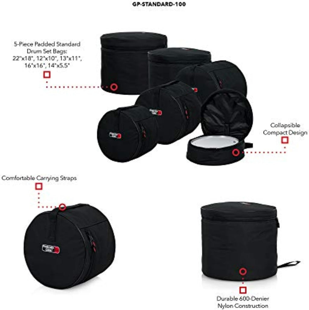 Gator Cases Protechtor Series 5 piece Padded Drum Bag Set for Standard Kits; 22' Kick, 12' Tom, 13' Tom, 16' Tom, 14' Snare (GP-STANDARD-100)