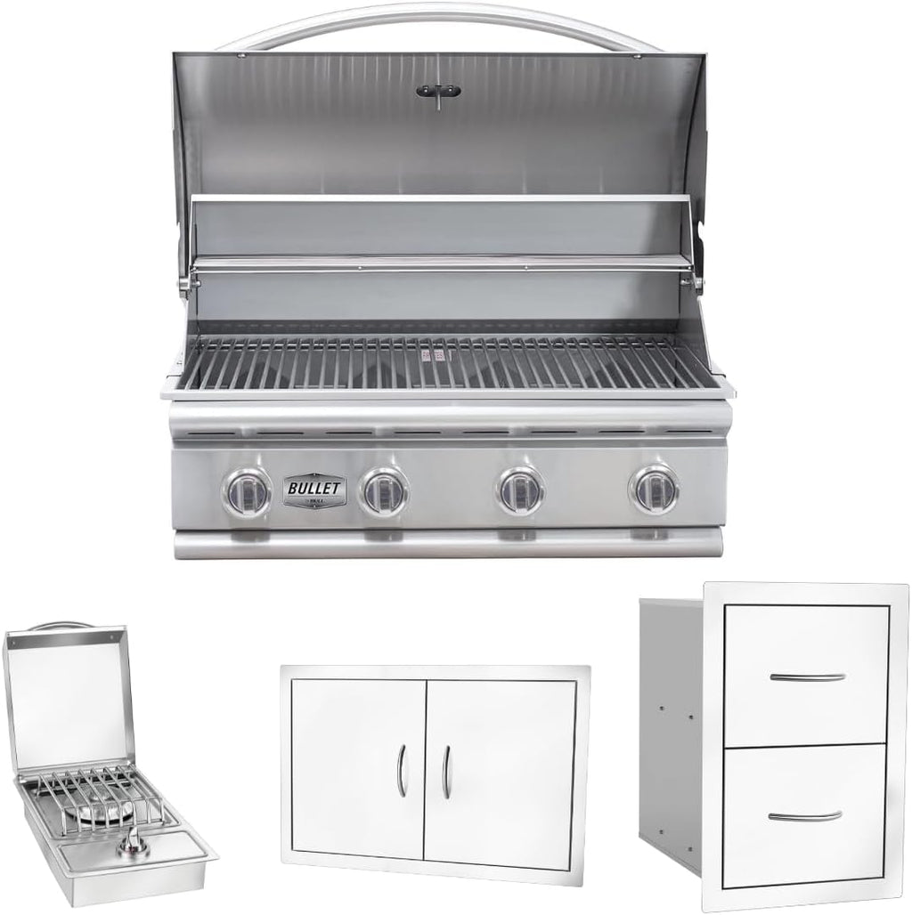Bullet by Bull Stainless Steel Outdoor Kitchen Grill Set - Built-In Liquid Propane Grill -BBQ Kitchen Island Bundle - Includes 4 Burner Grill, Side Burner, Double Access Door & Double Storage Drawer