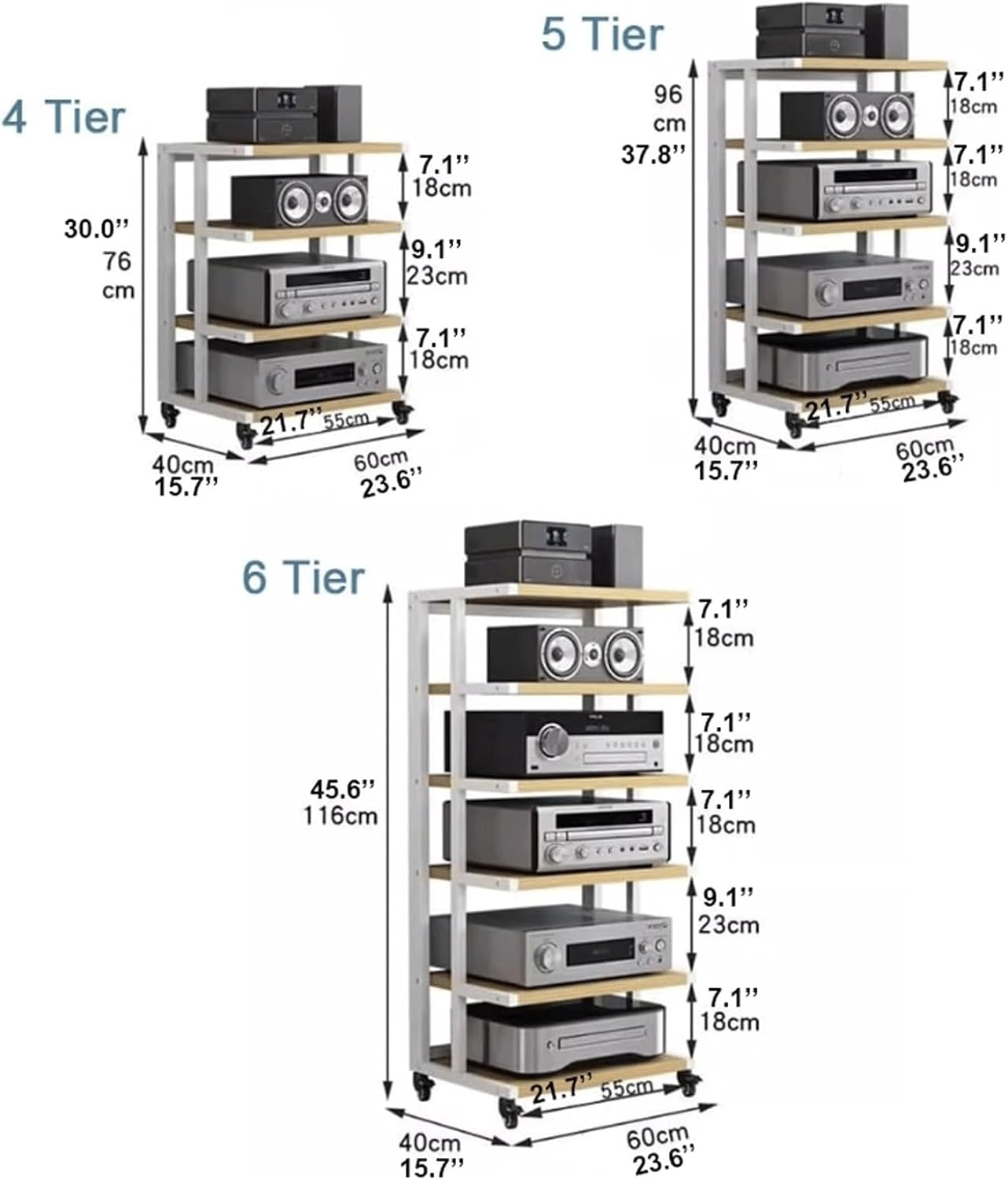 Audio Rack Wooden Stereo Rack Audio Equipment Rack Audio Open Rack Cabinet HiFi Rack with Wheels Audio-Video Shelving Movable Strong(Natural,4 Tier)