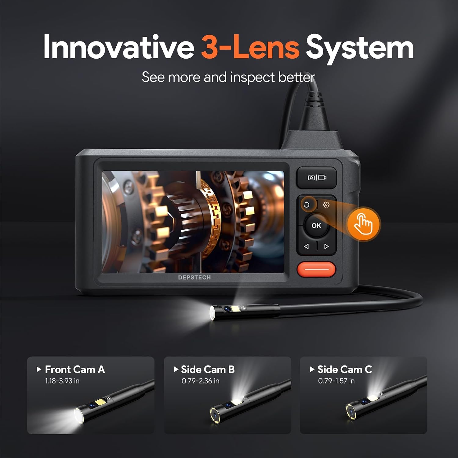 DEPSTECH 50ft Sewer Camera, 1080P HD Triple Lens Borescope, 5' IPS Screen Endoscope with Light, IP67 Waterproof Plumbing Drain Pipe Snake Inspection Camera with 32G Card, Carry Case