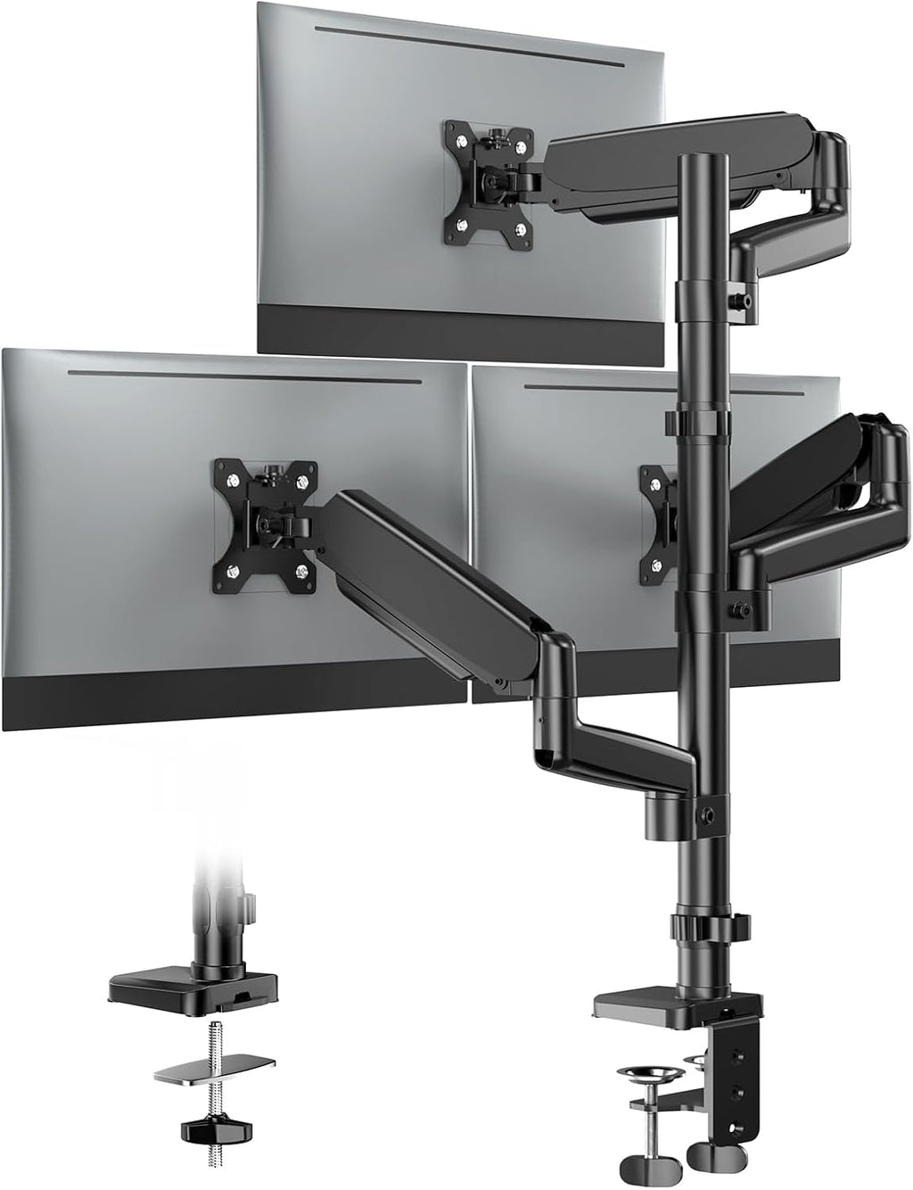 Triple Monitor Mount for 13-32 Inch Screens, Gas Spring Adjustment Triple Monitor Stand Holds 17.6lbs per Arm, Tilt, Swivel, Rotation with Clamp & Grommet Kit, Max VESA 100x100mm FORGIGN Mount