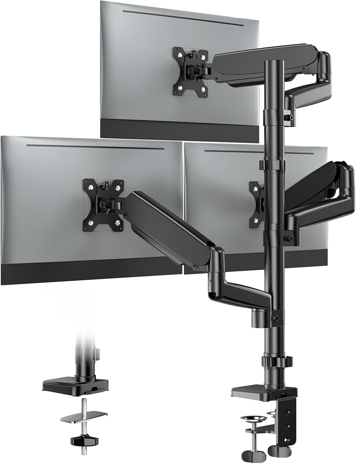 Triple Monitor Mount for 13-32 Inch Screens, Gas Spring Adjustment Triple Monitor Stand Holds 17.6lbs per Arm, Tilt, Swivel, Rotation with Clamp & Grommet Kit, Max VESA 100x100mm FORGIGN Mount