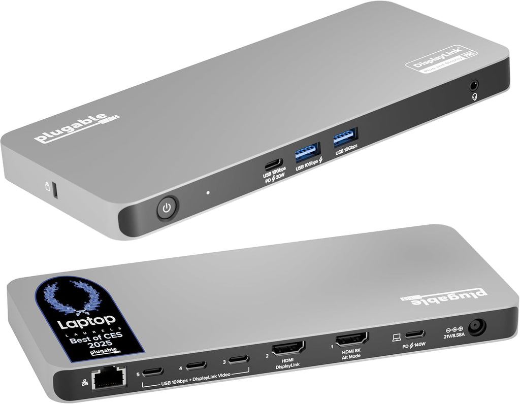 Plugable USB C Docking Station 5 Monitors, 140W DisplayLink Dock Connects up to Five 4K Displays for MacBook Windows Thunderbolt 4 Laptops, 2X HDMI, 3X USBC 2.5Gbps Ethernet, Driver Required DL7400