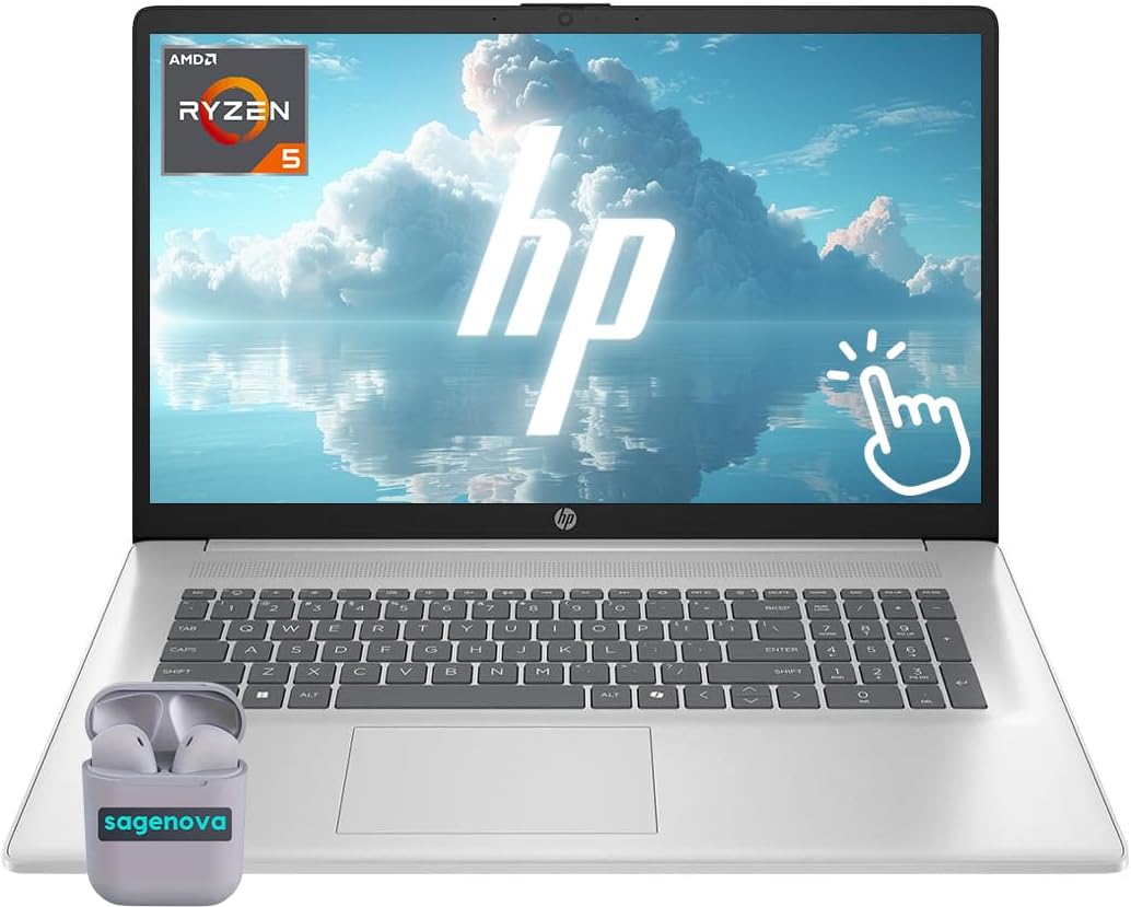 HP Touch Screen Laptop, 17.3' HD+ LED Touchscreen Laptop Computer, Windows 11 Laptop 32GB RAM 1TB SSD, AMD Ryzen 5 7430U Processor, Copilot AI, SageNova Earphones, Silver