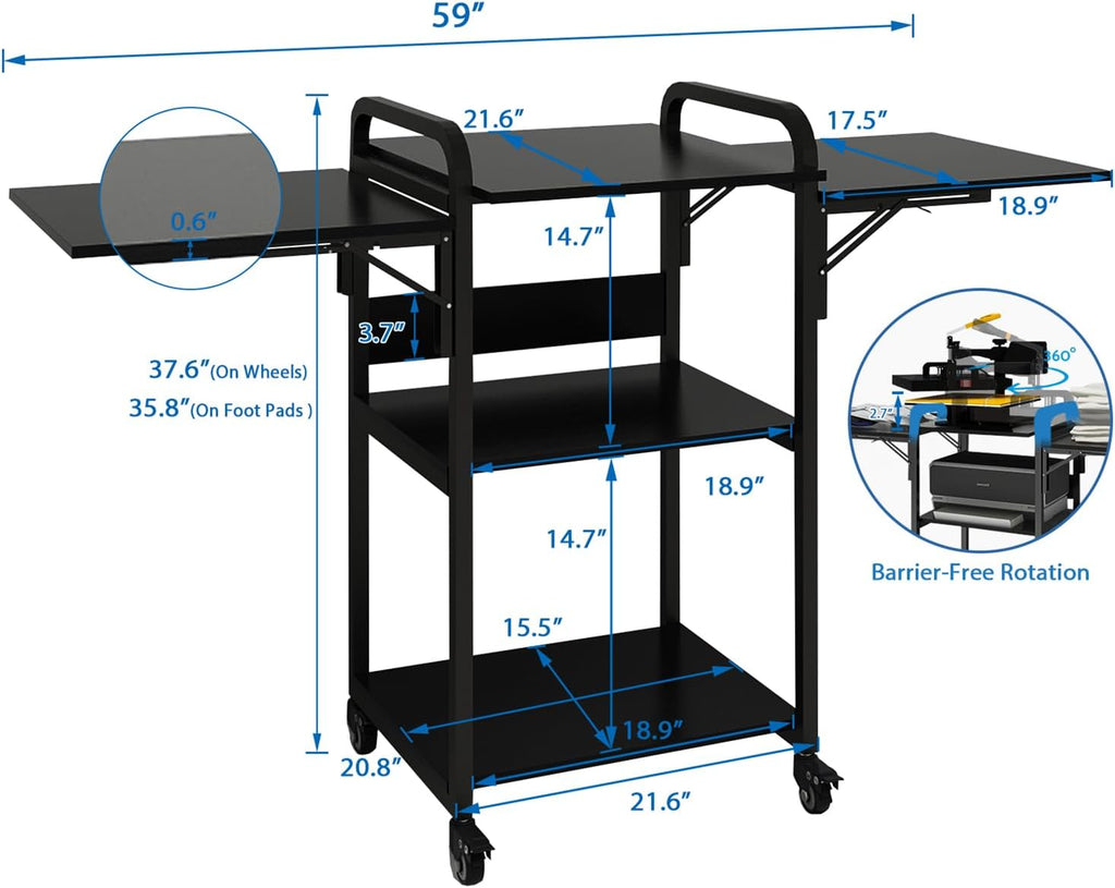 PUNCIA 3 Tier Foldable Movable DIY Heat Transfer Press Machine Stands 20'' Heavy Duty Rolling Workbench with Folding Working Table for Sublimation Transfer Machine Metal Shelf Storage Organization