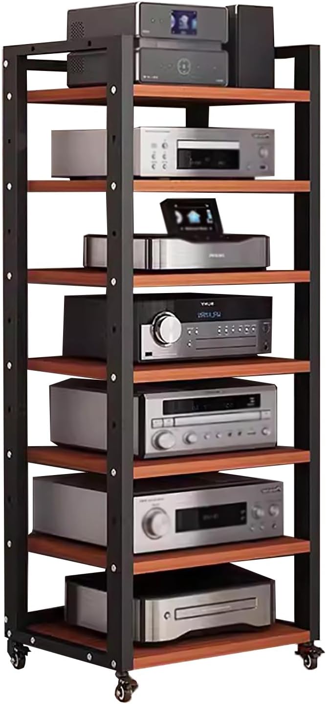 Media Stand 7 Tier 55 Inch Tall Audio Equipment Rack Rolling Cart, Large Stereo Cabinets Turntable Record Player Shelf AV Media Tower with Storage, Office Home Bedroom Living Room(Yellow)