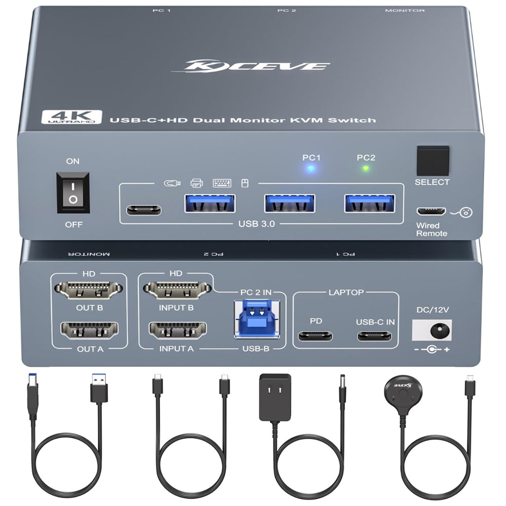 KVM Switch 2 Monitors 1 Laptop and 1 Desktop 4K@60Hz,Camgeet USB C HDMI Dual Monitor KVM Switch with 4 USB3.0 Ports for Keyboard Mouse,80W PD Charging,Wired Remote,USB-C Cable and 12V Adapter Included