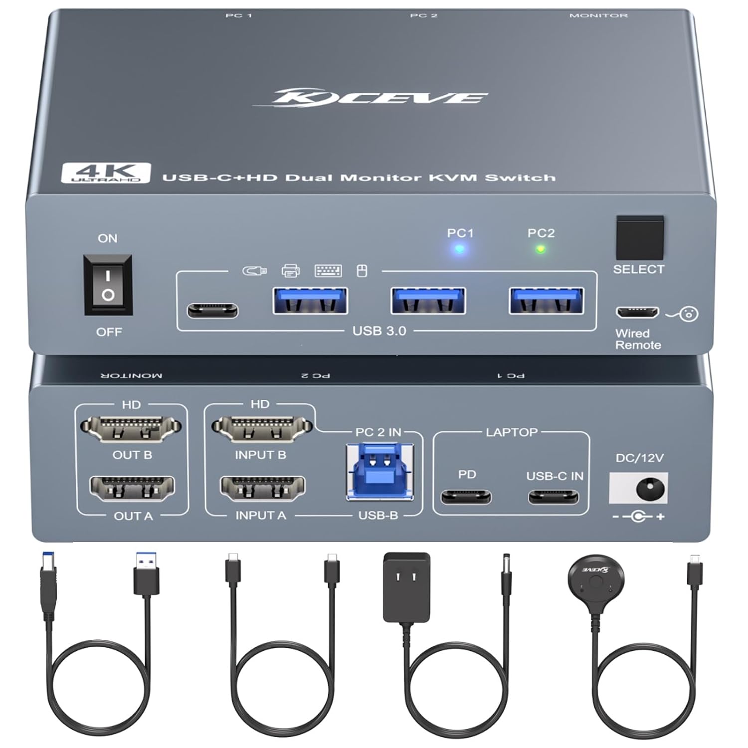 KVM Switch 2 Monitors 1 Laptop and 1 Desktop 4K@60Hz,Camgeet USB C HDMI Dual Monitor KVM Switch with 4 USB3.0 Ports for Keyboard Mouse,80W PD Charging,Wired Remote,USB-C Cable and 12V Adapter Included