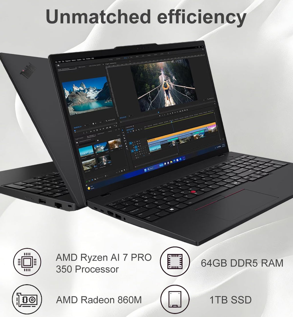 Lenovo ThinkPad T16 Gen 4 Business AI Laptop (16' FHD+, AMD Ryzen AI 7 PRO 350 (> Intel Ultra 7 255U), 64GB DDR5, 1TB SSD) Copilot+ PC, 2x Thunderbolt 4, Backlit, Fingerprint, IR Webcam, Win 11 Pro