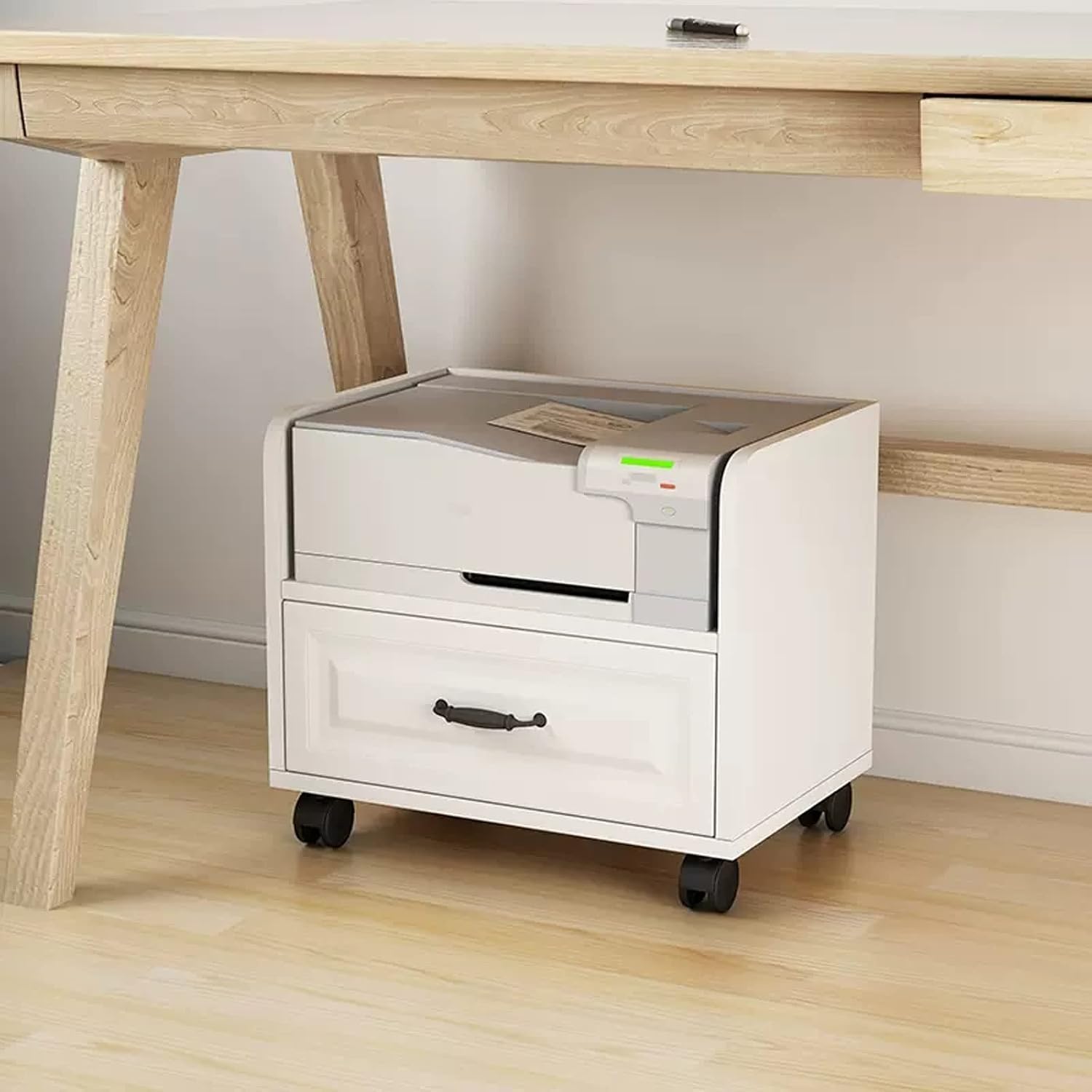 Printer Stand for Desk White Under Desk Mobile Printer Table Printer Stand with Storage Drawer, Home Office Wood Work Cart with Wheels, for Mini 3D Printer Printer Rack