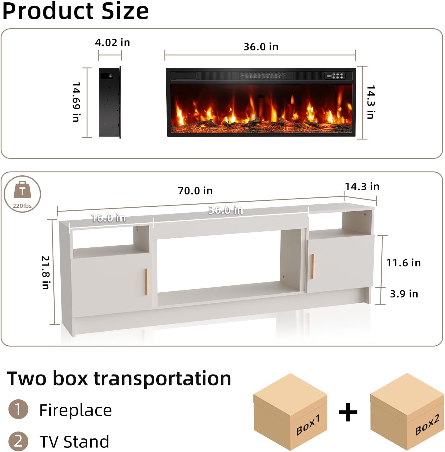 EAG 70' Electric Fireplace TV Stand with 36 inch Fireplace Up to 80' TVs, Entertainment Center with with Storage Cabinet & LED Lights, Modern Media Console for Living Room, White