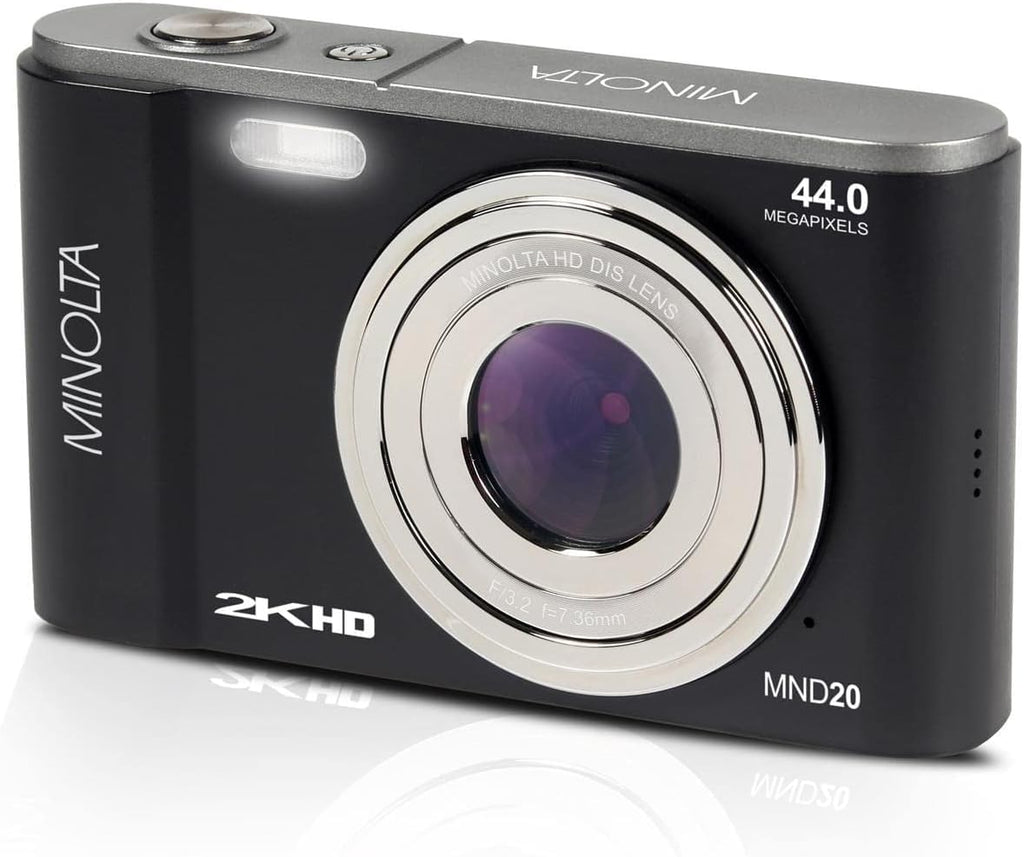 Minolta MND20 44 MP / 2.7K Quad HD Digital Camera (Black) + 32GB Memory Card + 12 inch Flexible Tripod + Memory Card Wallet + USB Card Reader, SD/microSD + More