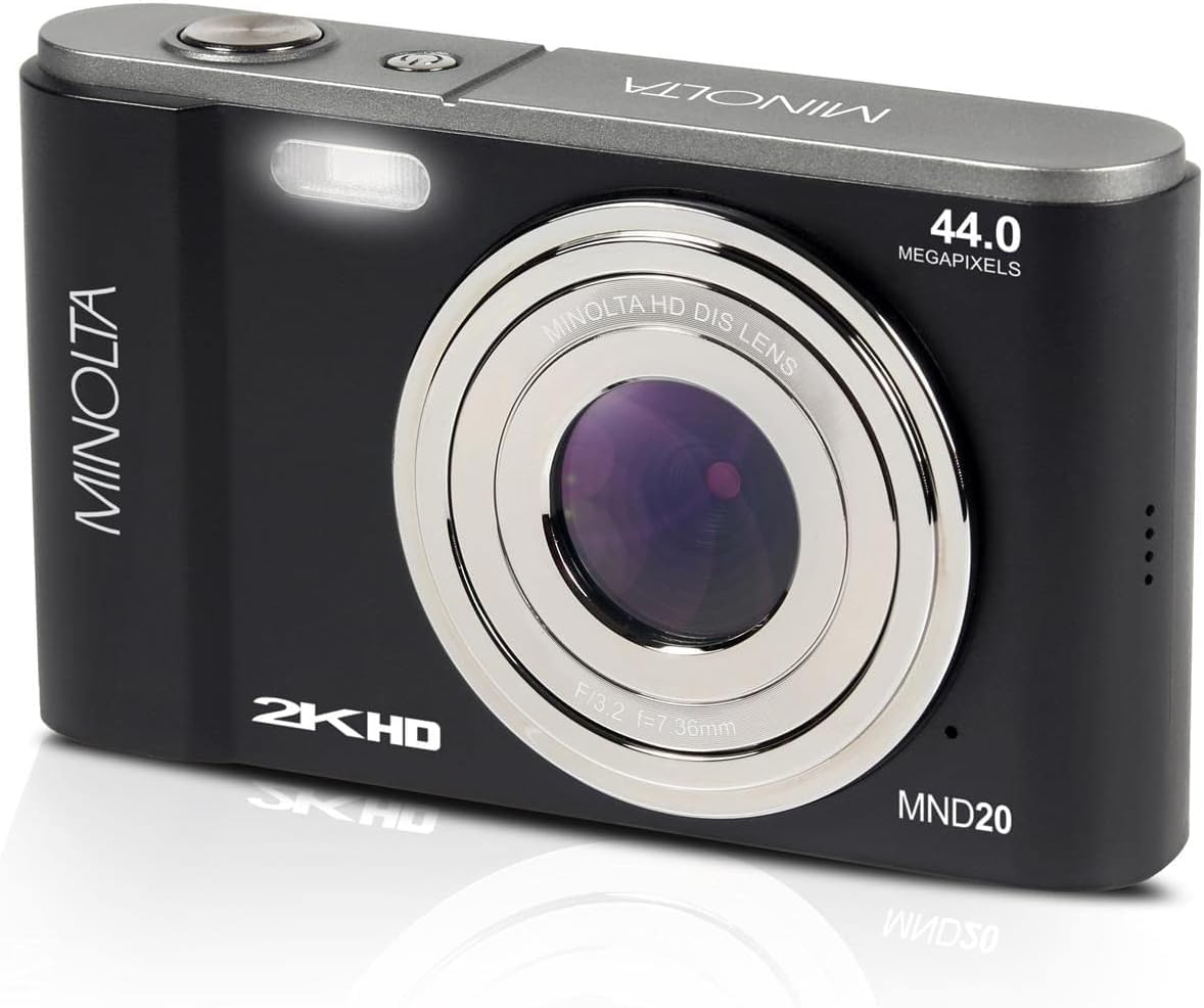 Minolta MND20 44 MP / 2.7K Quad HD Digital Camera (Black) + 32GB Memory Card + 12 inch Flexible Tripod + Memory Card Wallet + USB Card Reader, SD/microSD + More