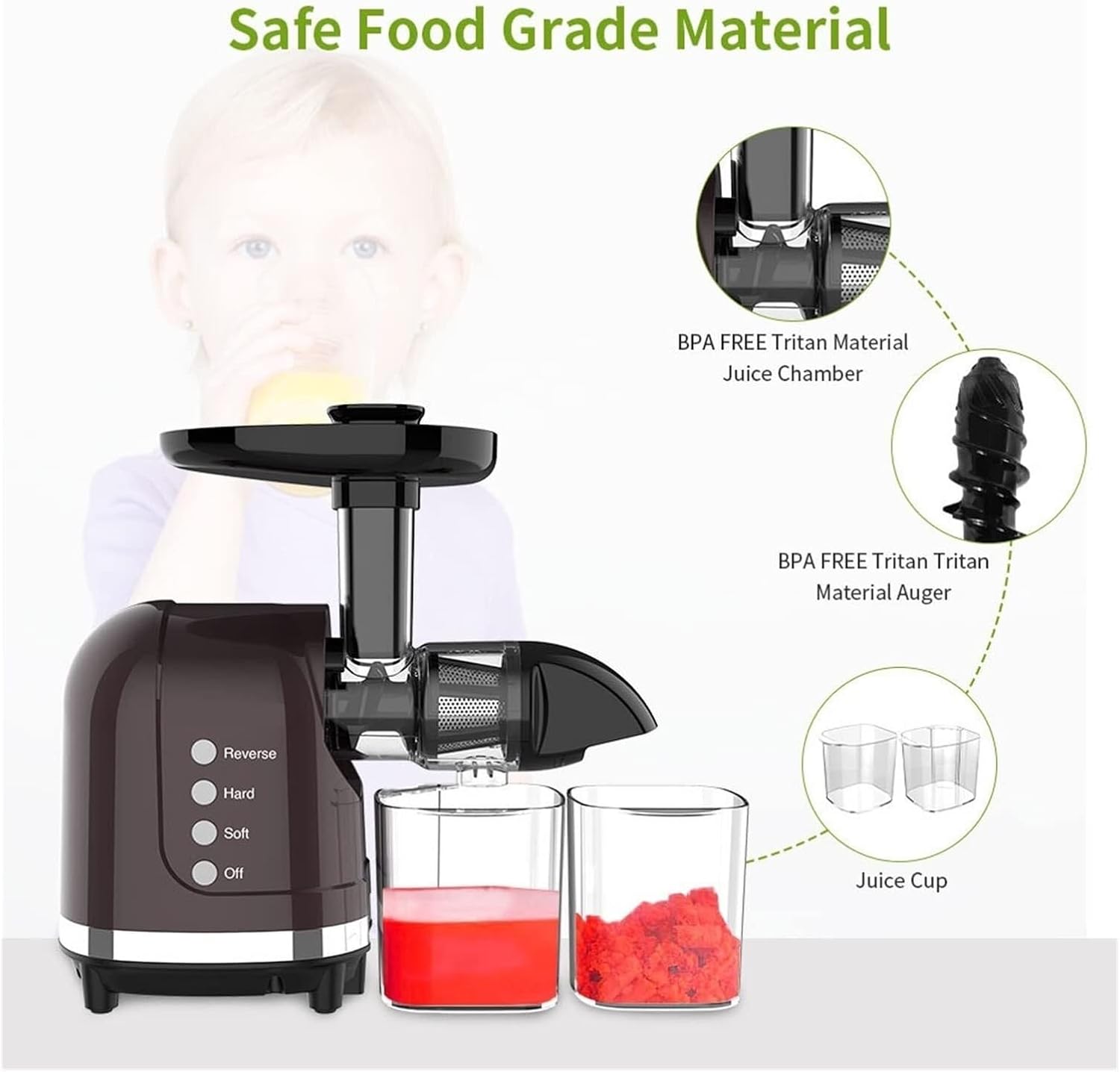 Slow Juicer for Citrus & Wheatgrass, Horizontal Electric Cold Press Juicer, 250W, Low Noise, High Juice Yield, Easy Clean