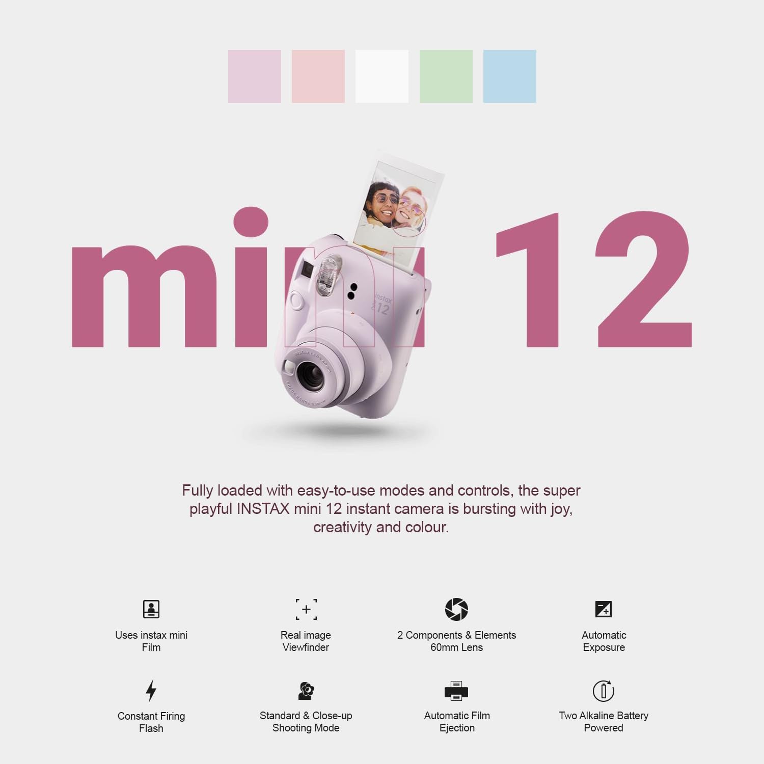 Fujifilm Instax Mini 12 Instant Camera + MiniMate Accessory Bundle & Compatible Custom Case + Fuji Instax Film Value Pack (50 Sheets) Flamingo Designer Photo Album (Clay White)
